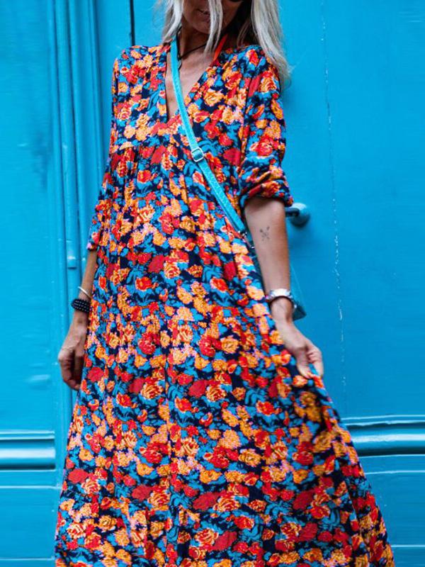 Women's Dresses Vintage Print V-Neck Long Sleeve Dress - Maxi Dresses - INS | Online Fashion Free Shipping Clothing, Dresses, Tops, Shoes - 20-30 - 22/09/2021 - Casual Dresses