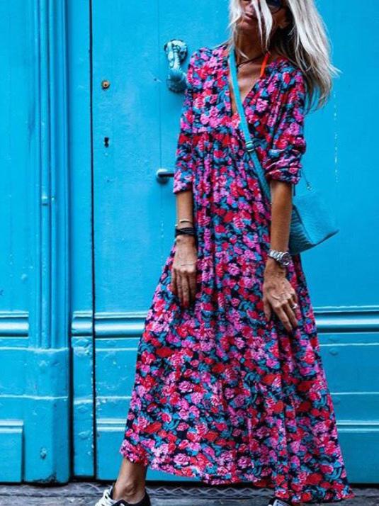 Women's Dresses Vintage Print V-Neck Long Sleeve Dress - Maxi Dresses - INS | Online Fashion Free Shipping Clothing, Dresses, Tops, Shoes - 20-30 - 22/09/2021 - Casual Dresses