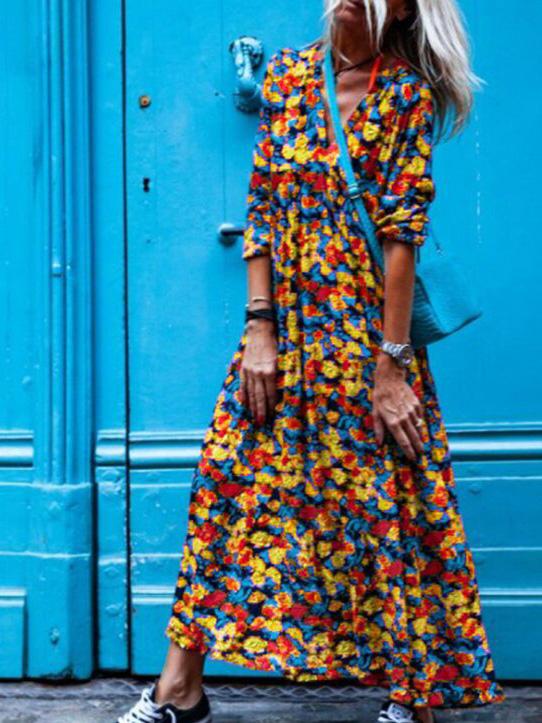 Women's Dresses Vintage Print V-Neck Long Sleeve Dress - Maxi Dresses - INS | Online Fashion Free Shipping Clothing, Dresses, Tops, Shoes - 20-30 - 22/09/2021 - Casual Dresses