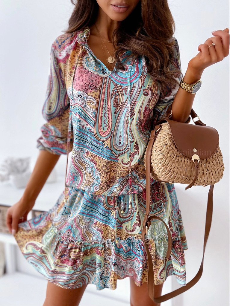Women's Dresses Vintage Print V-Neck Long Sleeve Dress - Mini Dresses - INS | Online Fashion Free Shipping Clothing, Dresses, Tops, Shoes - 20-30 - 22/09/2021 - color-blue