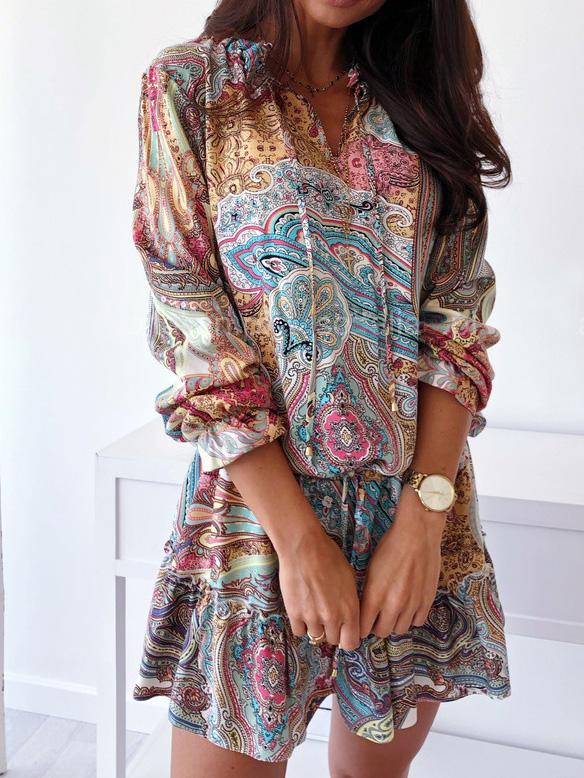 Women's Dresses Vintage Print V-Neck Long Sleeve Dress - Mini Dresses - INS | Online Fashion Free Shipping Clothing, Dresses, Tops, Shoes - 20-30 - 22/09/2021 - color-blue