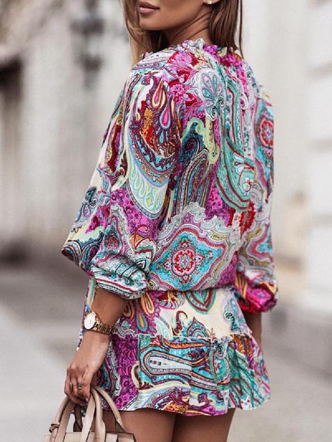 Women's Dresses Vintage Print V-Neck Long Sleeve Dress - Mini Dresses - INS | Online Fashion Free Shipping Clothing, Dresses, Tops, Shoes - 20-30 - 22/09/2021 - color-blue