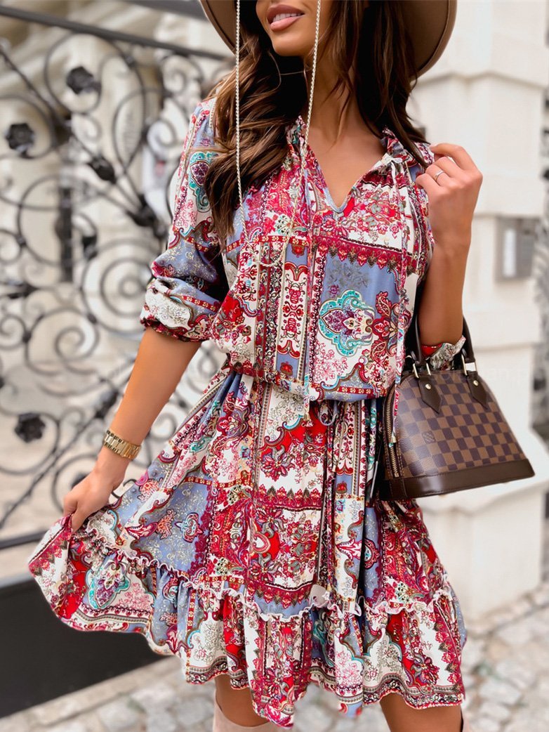 Women's Dresses Vintage Print V-Neck Long Sleeve Dress - Mini Dresses - INS | Online Fashion Free Shipping Clothing, Dresses, Tops, Shoes - 20-30 - 22/09/2021 - color-blue