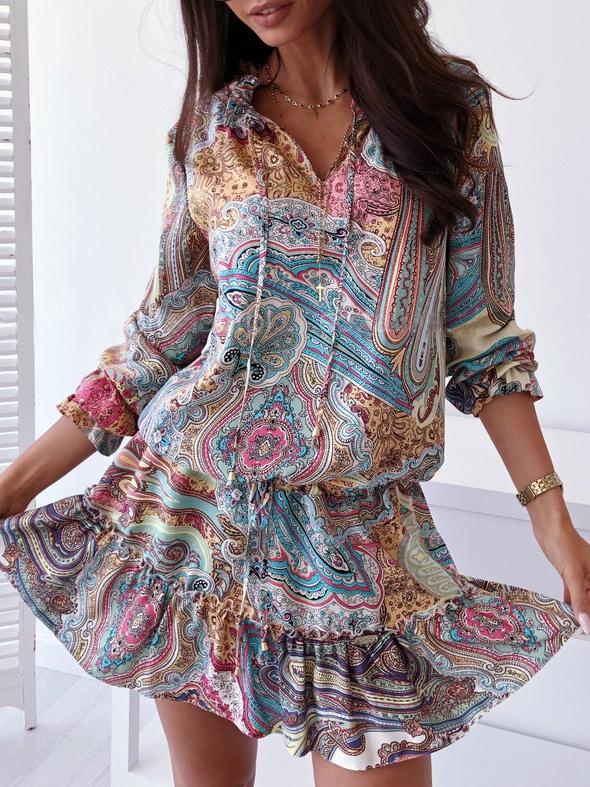 Women's Dresses Vintage Print V-Neck Long Sleeve Dress - Mini Dresses - INS | Online Fashion Free Shipping Clothing, Dresses, Tops, Shoes - 20-30 - 22/09/2021 - color-blue
