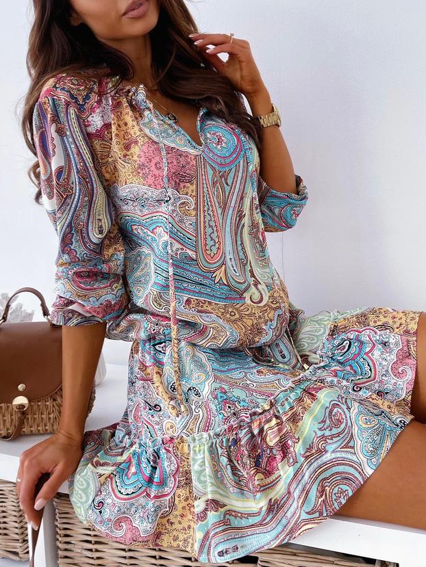 Women's Dresses Vintage Print V-Neck Long Sleeve Dress - Mini Dresses - INS | Online Fashion Free Shipping Clothing, Dresses, Tops, Shoes - 20-30 - 22/09/2021 - color-blue