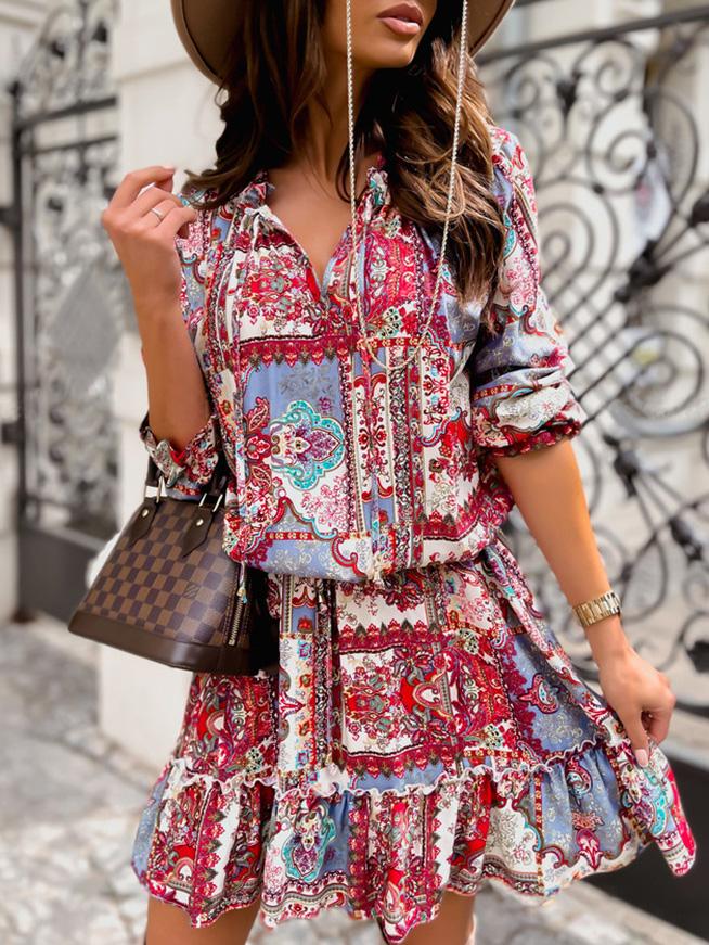 Women's Dresses Vintage Print V-Neck Long Sleeve Dress - Mini Dresses - INS | Online Fashion Free Shipping Clothing, Dresses, Tops, Shoes - 20-30 - 22/09/2021 - color-blue