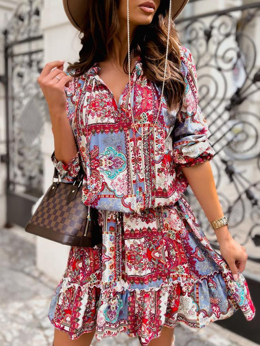 Women's Dresses Vintage Print V-Neck Long Sleeve Dress - Mini Dresses - INS | Online Fashion Free Shipping Clothing, Dresses, Tops, Shoes - 20-30 - 22/09/2021 - color-blue