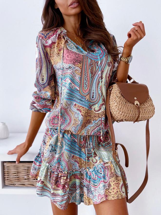Women's Dresses Vintage Print V-Neck Long Sleeve Dress - Mini Dresses - INS | Online Fashion Free Shipping Clothing, Dresses, Tops, Shoes - 20-30 - 22/09/2021 - color-blue