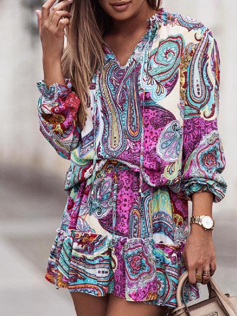 Women's Dresses Vintage Print V-Neck Long Sleeve Dress - Mini Dresses - INS | Online Fashion Free Shipping Clothing, Dresses, Tops, Shoes - 20-30 - 22/09/2021 - color-blue