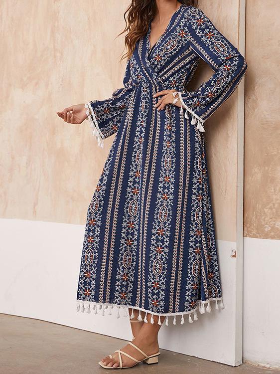 Women's Dresses Vintage Printed V-Neck Fringed Long Sleeve Dress - Maxi Dresses - Instastyled | Online Fashion Free Shipping Clothing, Dresses, Tops, Shoes - 13/12/2021 - 30-40 - color-blue