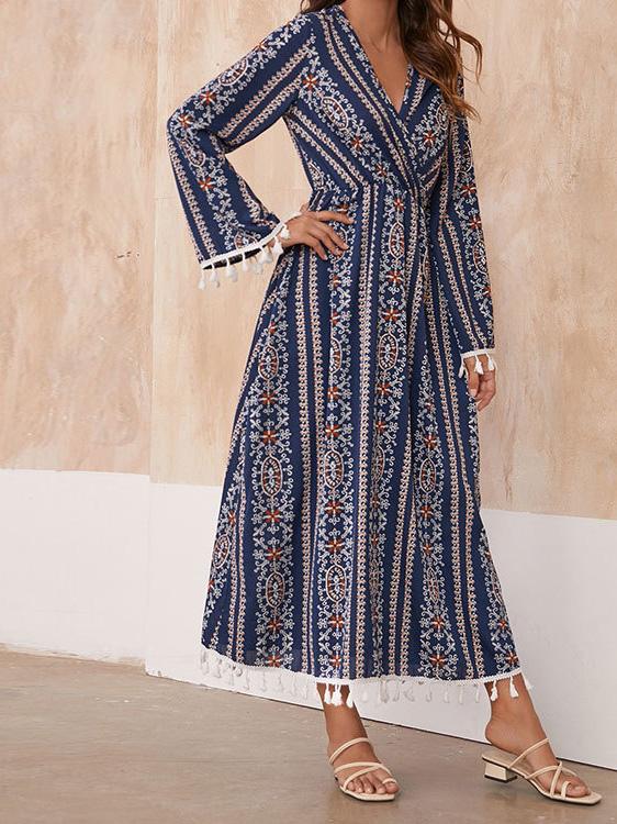 Women's Dresses Vintage Printed V-Neck Fringed Long Sleeve Dress - Maxi Dresses - Instastyled | Online Fashion Free Shipping Clothing, Dresses, Tops, Shoes - 13/12/2021 - 30-40 - color-blue