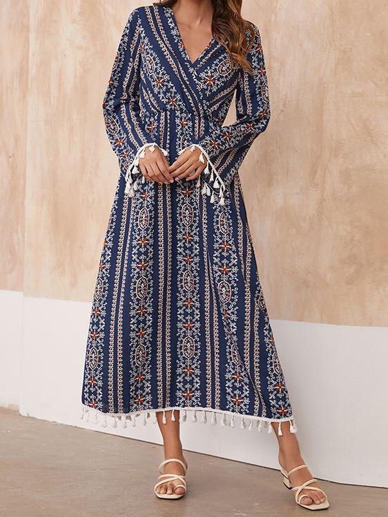 Women's Dresses Vintage Printed V-Neck Fringed Long Sleeve Dress - Maxi Dresses - Instastyled | Online Fashion Free Shipping Clothing, Dresses, Tops, Shoes - 13/12/2021 - 30-40 - color-blue