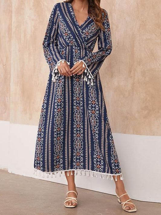 Women's Dresses Vintage Printed V-Neck Fringed Long Sleeve Dress - Maxi Dresses - Instastyled | Online Fashion Free Shipping Clothing, Dresses, Tops, Shoes - 13/12/2021 - 30-40 - color-blue