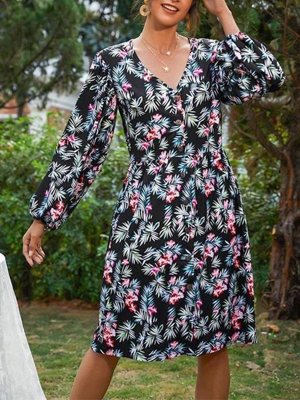 Women's Floral Pattern Long Sleeve Midi Dress - Dresses - INS | Online Fashion Free Shipping Clothing, Dresses, Tops, Shoes - 18/03/2021 - Autumn - Black