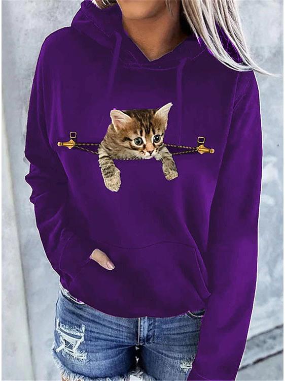 Women's Hoodies Cat Print Pocket Long Sleeve Hoodie - Hoodies - INS | Online Fashion Free Shipping Clothing, Dresses, Tops, Shoes - 15/10/2021 - Color_Black - Color_Blue