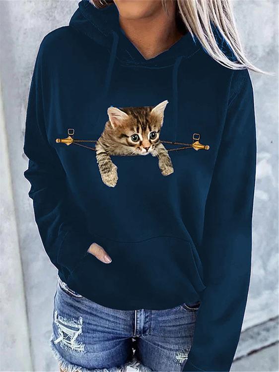 Women's Hoodies Cat Print Pocket Long Sleeve Hoodie - Hoodies - INS | Online Fashion Free Shipping Clothing, Dresses, Tops, Shoes - 15/10/2021 - Color_Black - Color_Blue