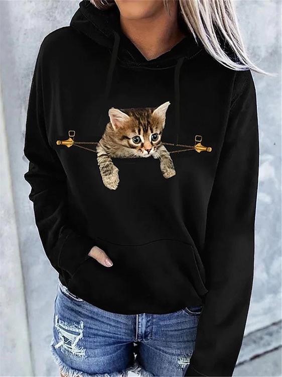 Women's Hoodies Cat Print Pocket Long Sleeve Hoodie - Hoodies - INS | Online Fashion Free Shipping Clothing, Dresses, Tops, Shoes - 15/10/2021 - Color_Black - Color_Blue