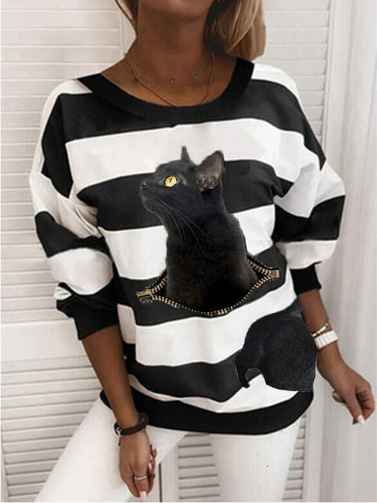 Women's Hoodies Cat Stripe Print Round Neck Long Sleeve Hoodie - Hoodies - INS | Online Fashion Free Shipping Clothing, Dresses, Tops, Shoes - 16/09/2021 - 20-30 - Category_Hoodies
