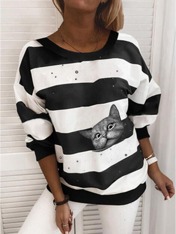 Women's Hoodies Cat Stripe Print Round Neck Long Sleeve Hoodie - Hoodies - INS | Online Fashion Free Shipping Clothing, Dresses, Tops, Shoes - 16/09/2021 - 20-30 - Category_Hoodies