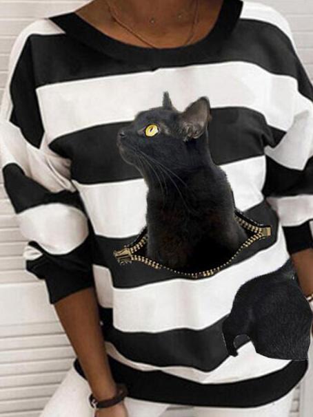 Women's Hoodies Cat Stripe Print Round Neck Long Sleeve Hoodie - Hoodies - INS | Online Fashion Free Shipping Clothing, Dresses, Tops, Shoes - 16/09/2021 - 20-30 - Category_Hoodies