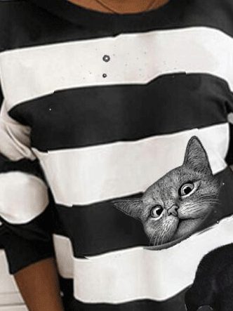 Women's Hoodies Cat Stripe Print Round Neck Long Sleeve Hoodie - Hoodies - INS | Online Fashion Free Shipping Clothing, Dresses, Tops, Shoes - 16/09/2021 - 20-30 - Category_Hoodies