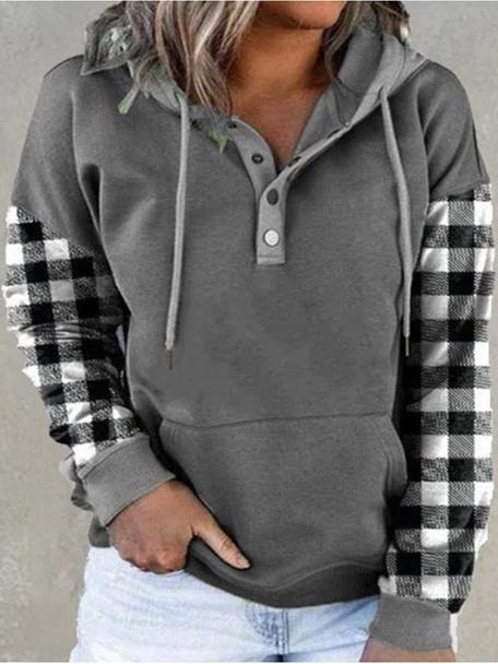 Women's Hoodies Check Drawstring Button Pocket Hoody - Hoodies - INS | Online Fashion Free Shipping Clothing, Dresses, Tops, Shoes - 20-30 - 23/10/2021 - color-gray