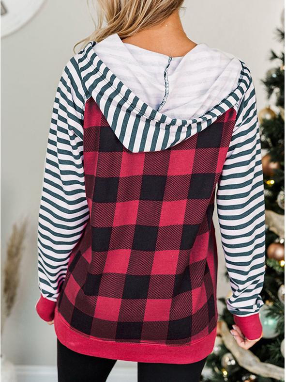 Women's Hoodies Check Stripe Panel Pocket Hoody - Hoodies - INS | Online Fashion Free Shipping Clothing, Dresses, Tops, Shoes - 04/11/2021 - 30-40 - color-red