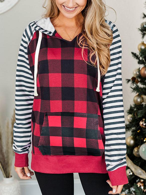 Women's Hoodies Check Stripe Panel Pocket Hoody - Hoodies - INS | Online Fashion Free Shipping Clothing, Dresses, Tops, Shoes - 04/11/2021 - 30-40 - color-red