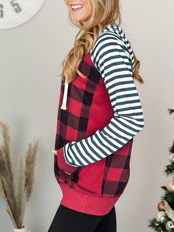 Women's Hoodies Check Stripe Panel Pocket Hoody - Hoodies - INS | Online Fashion Free Shipping Clothing, Dresses, Tops, Shoes - 04/11/2021 - 30-40 - color-red