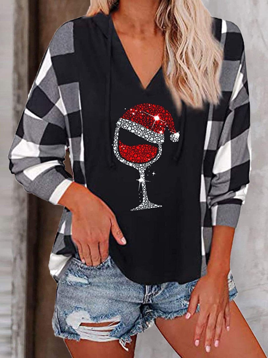 Women's Hoodies Check Wineglass V-Neck Long Sleeve Hoody - Hoodies - INS | Online Fashion Free Shipping Clothing, Dresses, Tops, Shoes - 15/10/2021 - Color_Blue - Color_Gray