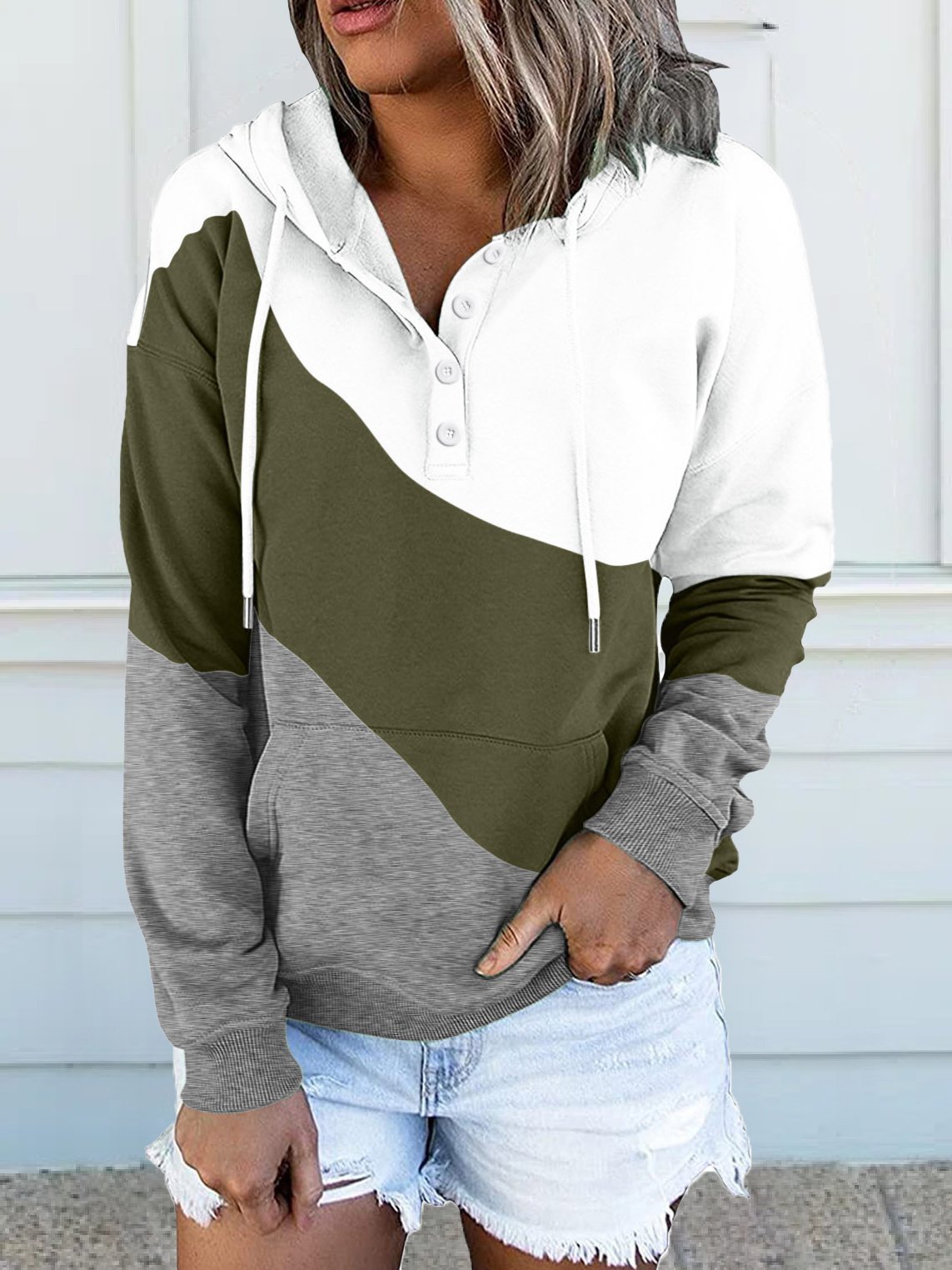 Women's Hoodies Colorblock Pocket Long Sleeve Button Hoodie - Hoodies - INS | Online Fashion Free Shipping Clothing, Dresses, Tops, Shoes - 20-30 - 20/10/2021 - color-army_green