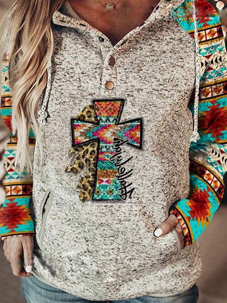 Women's Hoodies Cross Vintage Print Button Pocket Hoodie - Hoodies - INS | Online Fashion Free Shipping Clothing, Dresses, Tops, Shoes - 13/10/2021 - 30-40 - color-gray