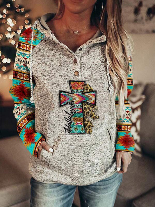 Women's Hoodies Cross Vintage Print Button Pocket Hoodie - Hoodies - INS | Online Fashion Free Shipping Clothing, Dresses, Tops, Shoes - 13/10/2021 - 30-40 - color-gray