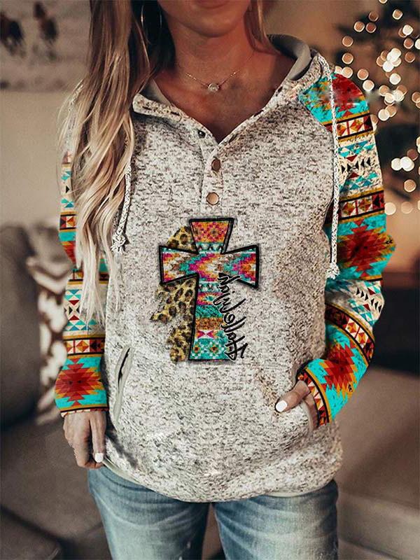 Women's Hoodies Cross Vintage Print Button Pocket Hoodie - Hoodies - INS | Online Fashion Free Shipping Clothing, Dresses, Tops, Shoes - 13/10/2021 - 30-40 - color-gray