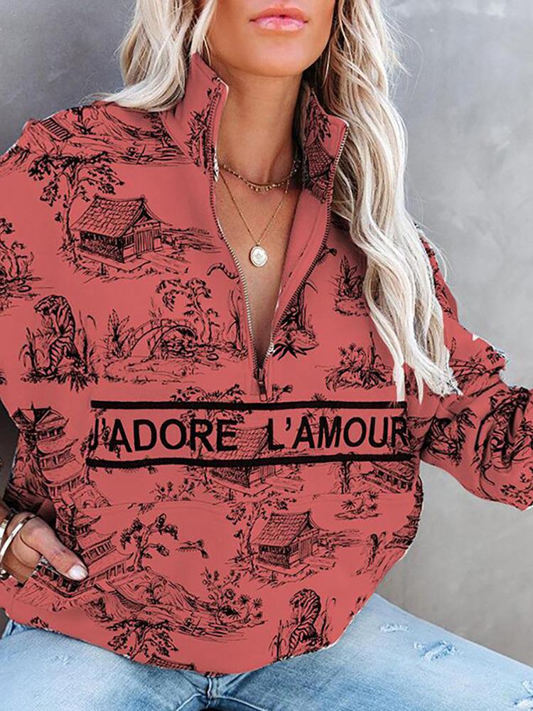 Women's Hoodies Landscape Letter Zipper Long Sleeve Hoodie - Hoodies - INS | Online Fashion Free Shipping Clothing, Dresses, Tops, Shoes - 19/10/2021 - color-blue - color-brick_red