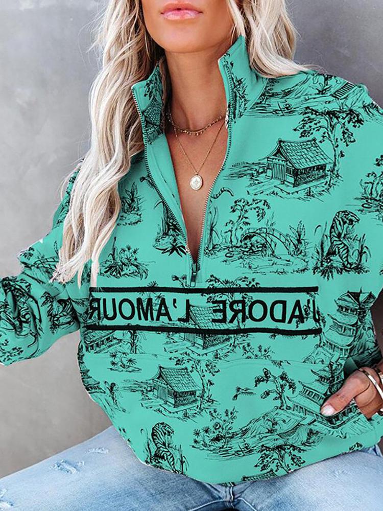 Women's Hoodies Landscape Letter Zipper Long Sleeve Hoodie - Hoodies - INS | Online Fashion Free Shipping Clothing, Dresses, Tops, Shoes - 19/10/2021 - color-blue - color-brick_red