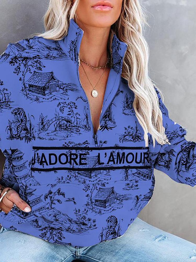 Women's Hoodies Landscape Letter Zipper Long Sleeve Hoodie - Hoodies - INS | Online Fashion Free Shipping Clothing, Dresses, Tops, Shoes - 19/10/2021 - color-blue - color-brick_red