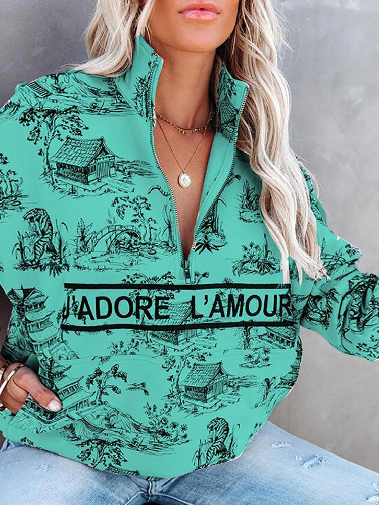 Women's Hoodies Landscape Letter Zipper Long Sleeve Hoodie - Hoodies - INS | Online Fashion Free Shipping Clothing, Dresses, Tops, Shoes - 19/10/2021 - color-blue - color-brick_red