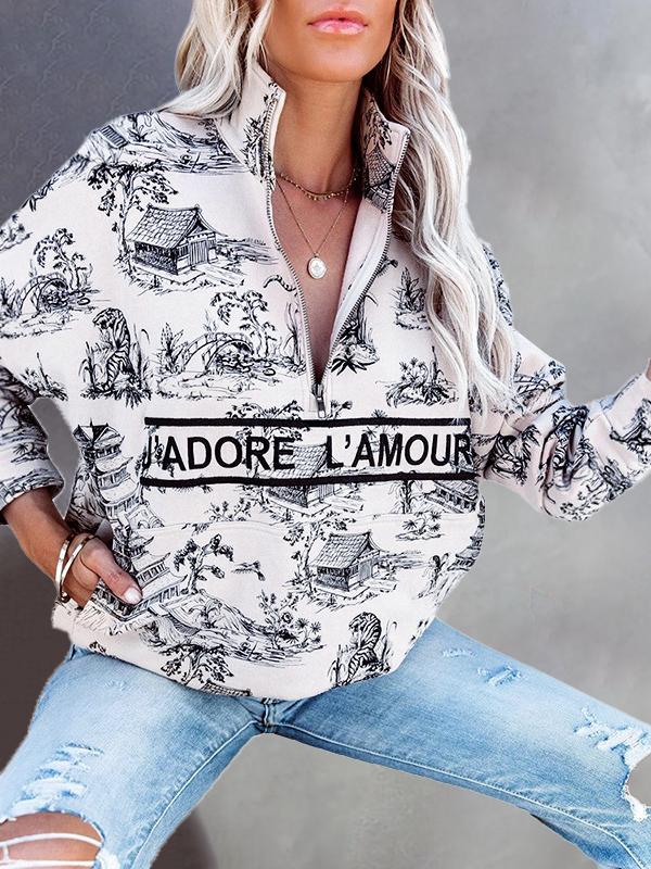 Women's Hoodies Landscape Letter Zipper Long Sleeve Hoodie - Hoodies - INS | Online Fashion Free Shipping Clothing, Dresses, Tops, Shoes - 19/10/2021 - color-blue - color-brick_red