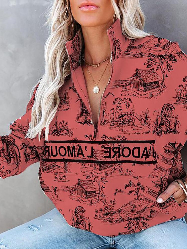 Women's Hoodies Landscape Letter Zipper Long Sleeve Hoodie - Hoodies - INS | Online Fashion Free Shipping Clothing, Dresses, Tops, Shoes - 19/10/2021 - color-blue - color-brick_red