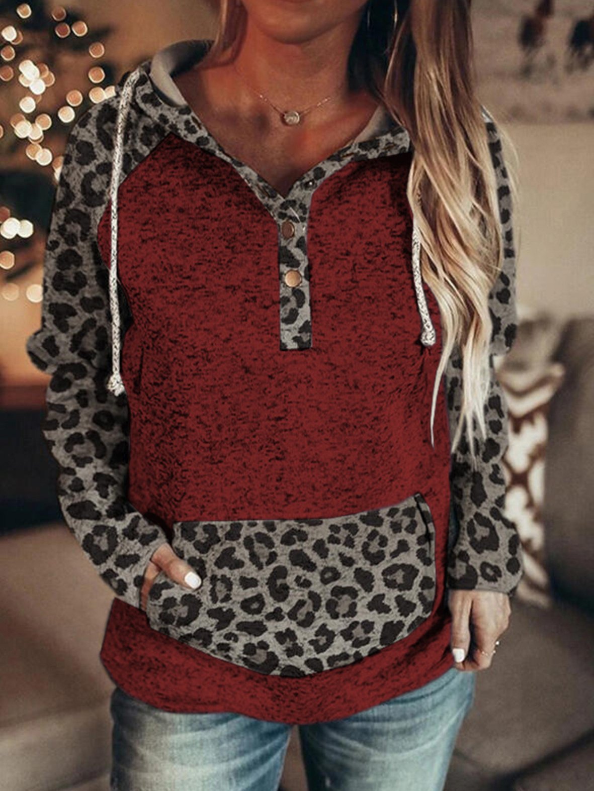 Women's Hoodies Leopard Button Pocket Drawstring Hoody - Hoodies - INS | Online Fashion Free Shipping Clothing, Dresses, Tops, Shoes - 1/11/2021 - 20-30 - color-black
