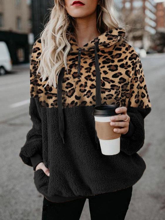 Women's Hoodies Leopard Print Zip Pocket Long Sleeve Hoody - Hoodies - INS | Online Fashion Free Shipping Clothing, Dresses, Tops, Shoes - 11/10/2021 - 20-30 - color-black