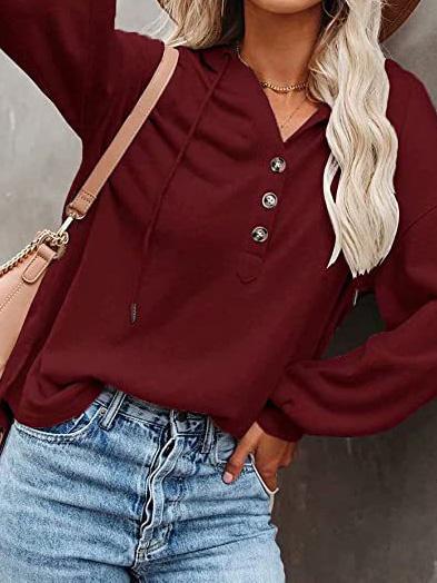 Women's Hoodies Long Sleeve V-Neck Drawstring Button Sports Hoodie - Hoodies - INS | Online Fashion Free Shipping Clothing, Dresses, Tops, Shoes - 09/08/2021 - 30-40 - Category_Hoodies