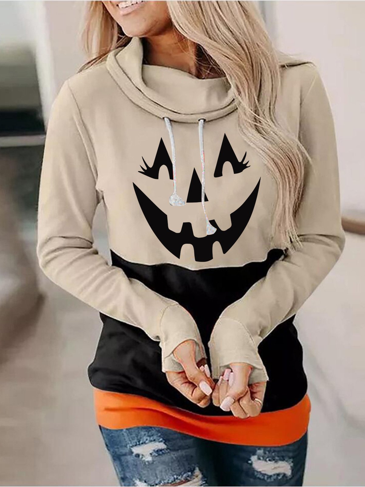 Women's Hoodies Pumpkin Print High Neck Tie Long Sleeve Hoodies - Hoodies - INS | Online Fashion Free Shipping Clothing, Dresses, Tops, Shoes - 10-20 - 24/08/2021 - Category_Hoodies
