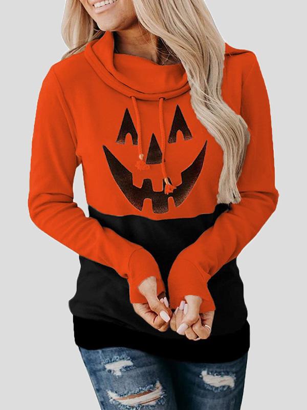 Women's Hoodies Pumpkin Print High Neck Tie Long Sleeve Hoodies - Hoodies - INS | Online Fashion Free Shipping Clothing, Dresses, Tops, Shoes - 10-20 - 24/08/2021 - Category_Hoodies