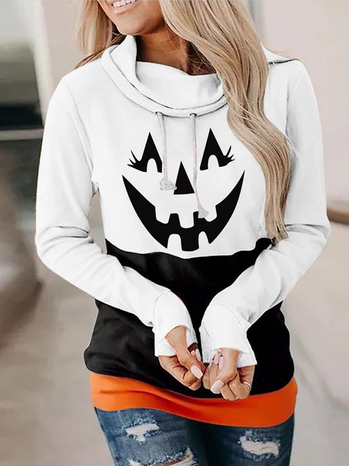 Women's Hoodies Pumpkin Print High Neck Tie Long Sleeve Hoodies - Hoodies - INS | Online Fashion Free Shipping Clothing, Dresses, Tops, Shoes - 10-20 - 24/08/2021 - Category_Hoodies