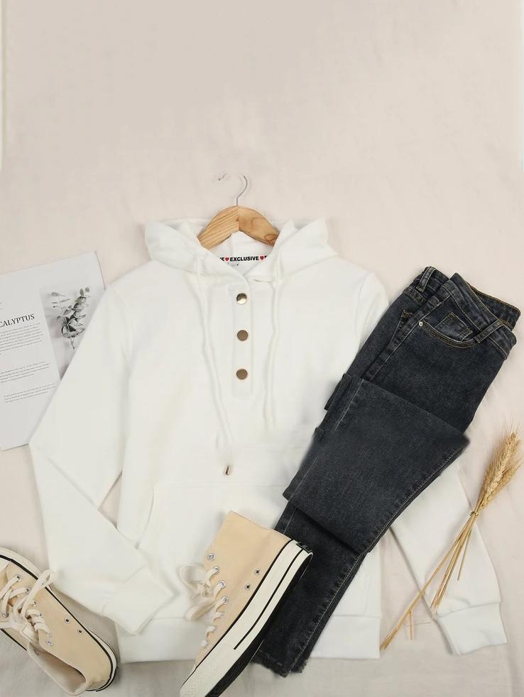 Women's Hoodies Solid Concealed Button Long Sleeve Pocket Hoodie - Hoodies - INS | Online Fashion Free Shipping Clothing, Dresses, Tops, Shoes - 13/10/2021 - 20-30 - color-pink