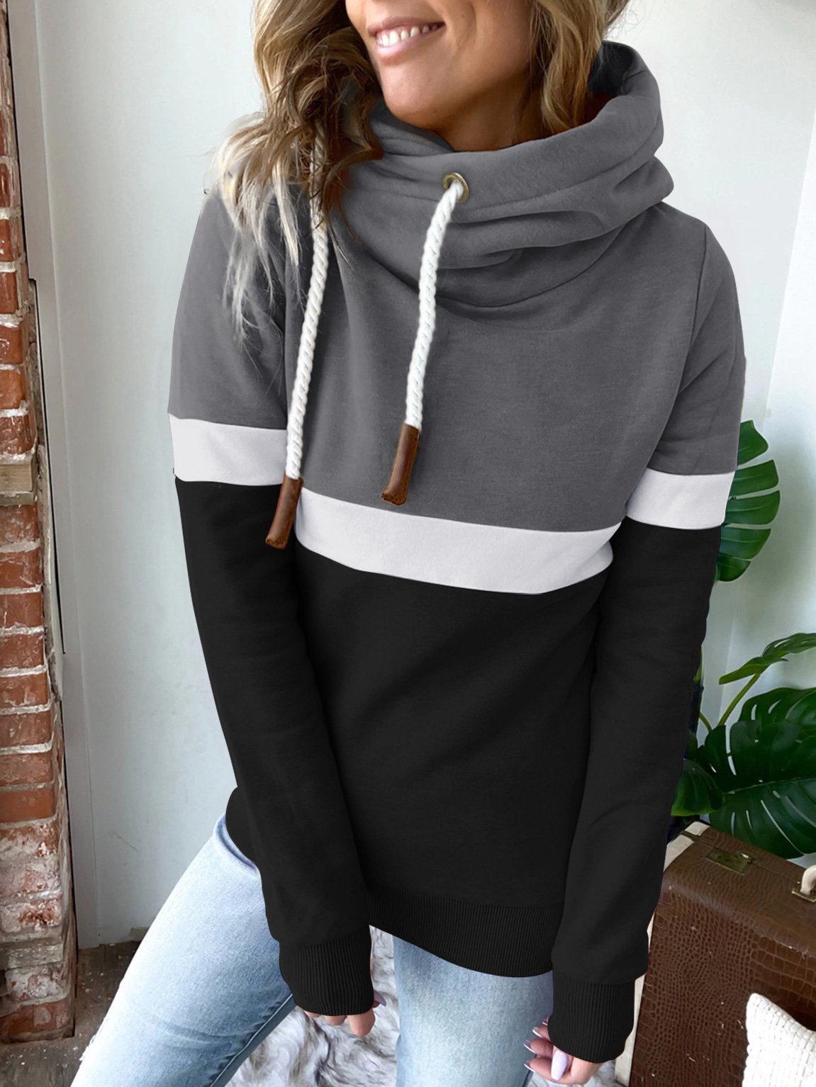 Women's Hoodies Solid Stitching Casual High Neck Hoodie - Hoodies - INS | Online Fashion Free Shipping Clothing, Dresses, Tops, Shoes - 180/09/2021 - 20-30 - Category_Hoodies
