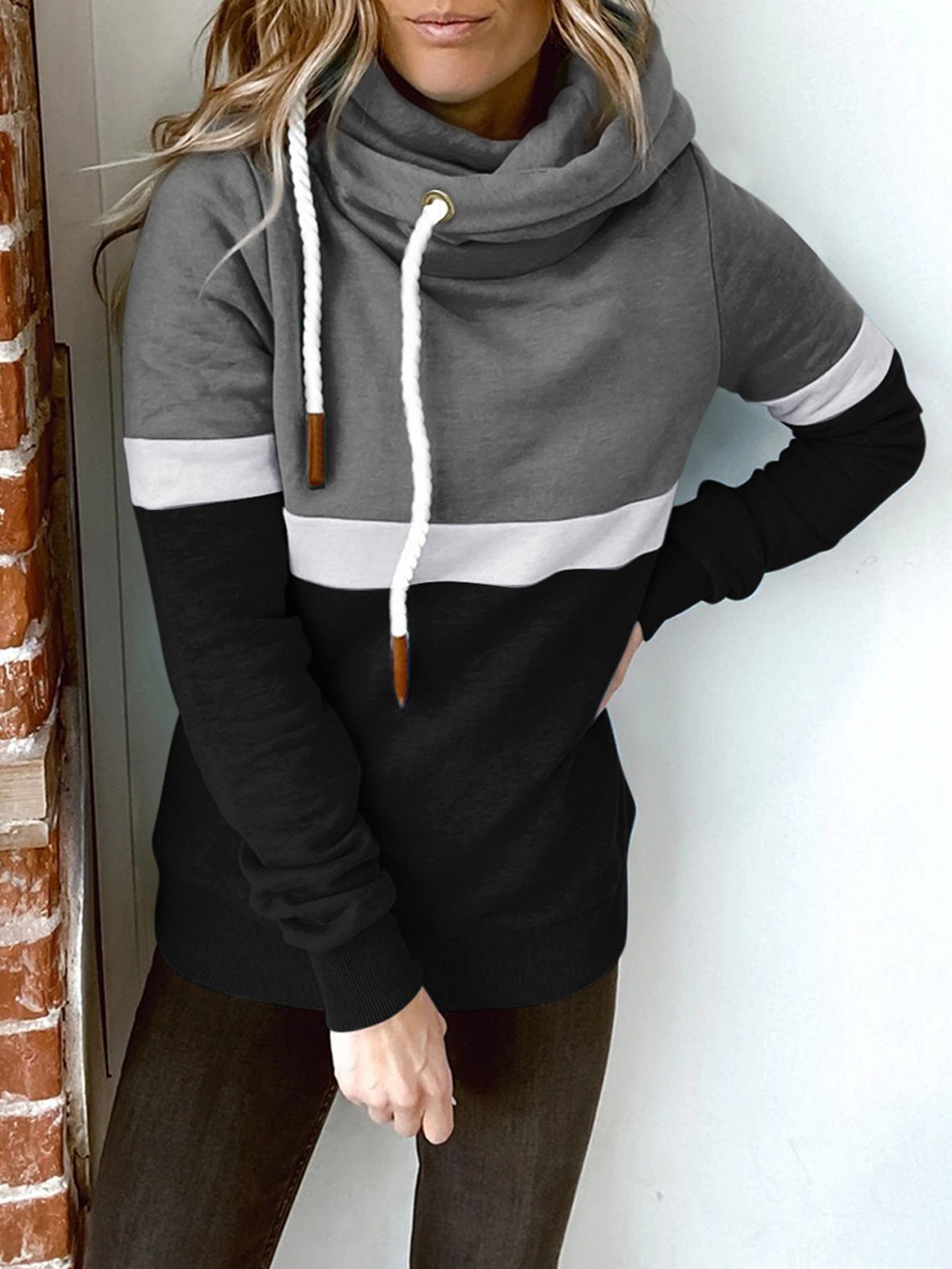 Women's Hoodies Solid Stitching Casual High Neck Hoodie - Hoodies - INS | Online Fashion Free Shipping Clothing, Dresses, Tops, Shoes - 180/09/2021 - 20-30 - Category_Hoodies