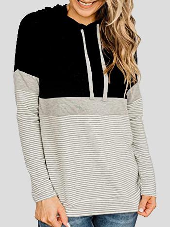 Women's Hoodies Striped Panel Long Sleeve Drawstring Hoody - Hoodies - INS | Online Fashion Free Shipping Clothing, Dresses, Tops, Shoes - 17/11/2021 - 20-30 - color-black